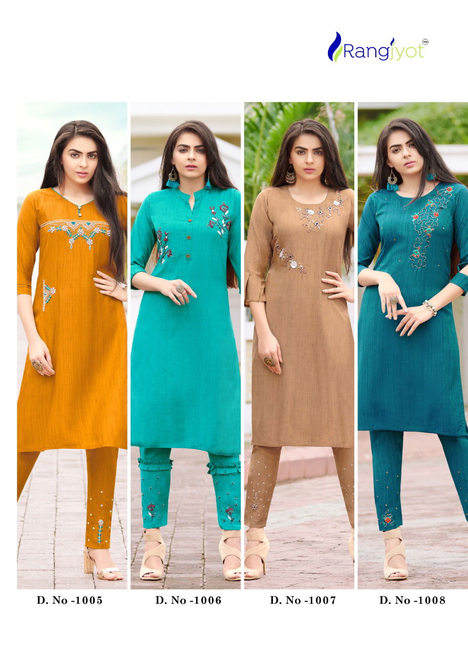 Rangjyot Aarohi 1 Ethnic Wear Rayon With Khatli Work Kurtis With Bottom Collection
